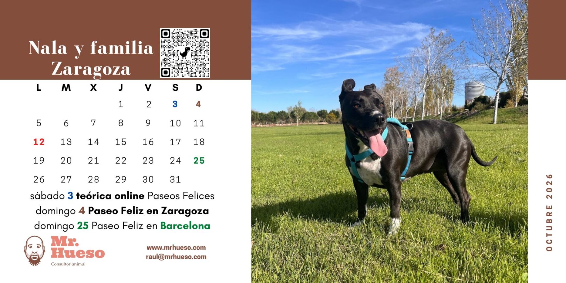 Bonita foto de Nala con la boca abierta, página de octubre en el Calendario Mr. Hueso 2026