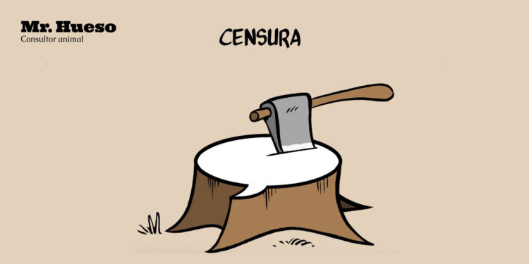 Aparece un hacha clavada en un tronco y la palabra censura, imagen del dibujante Malagón