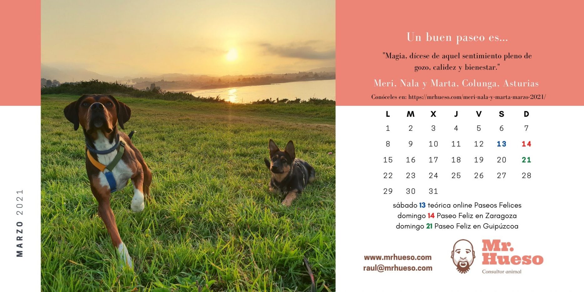 Meri y Nala en la costa asturiana, junto al calendario de marzo