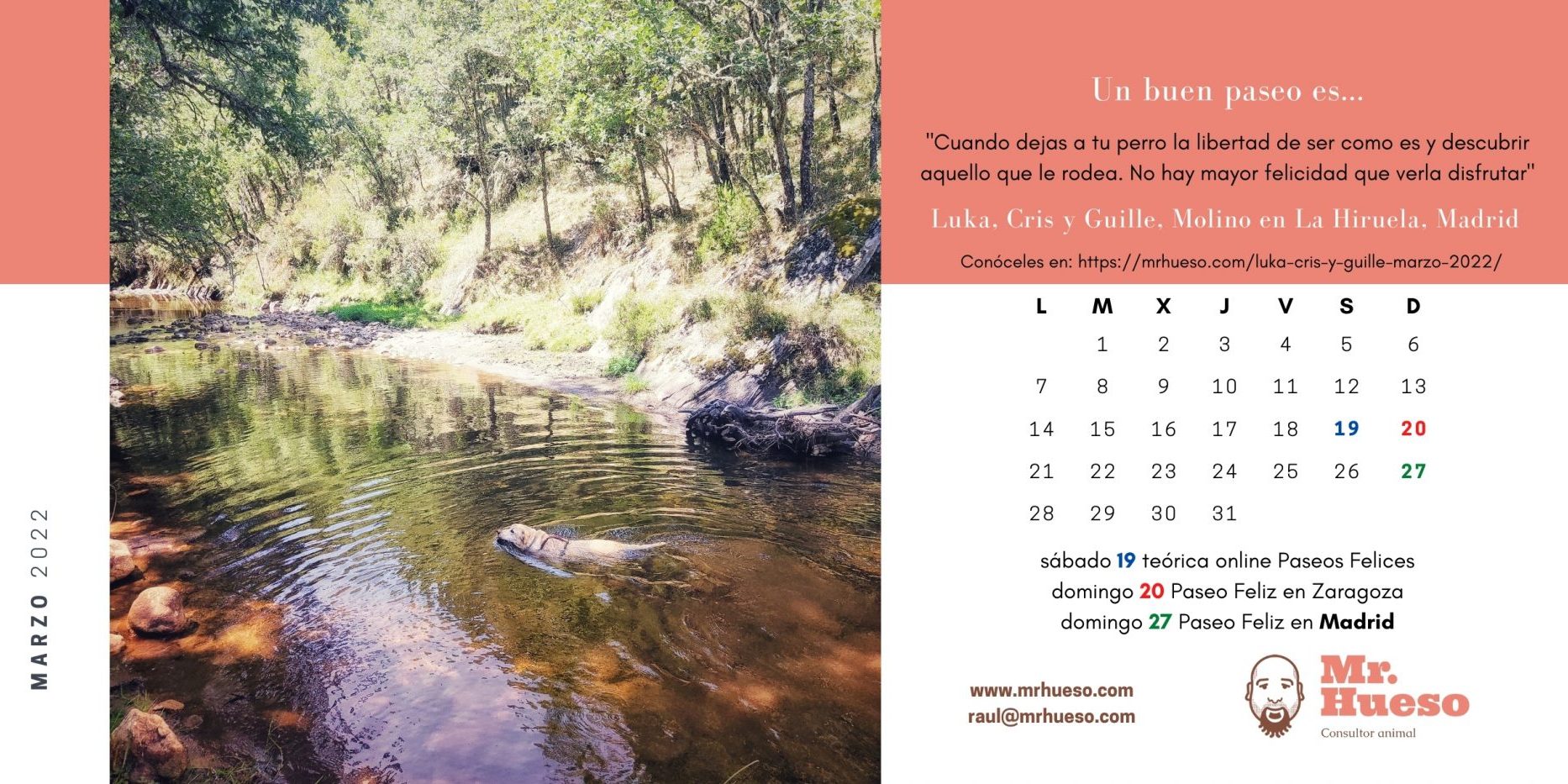 Luka bañándose en un río, junto al calendario de marzo