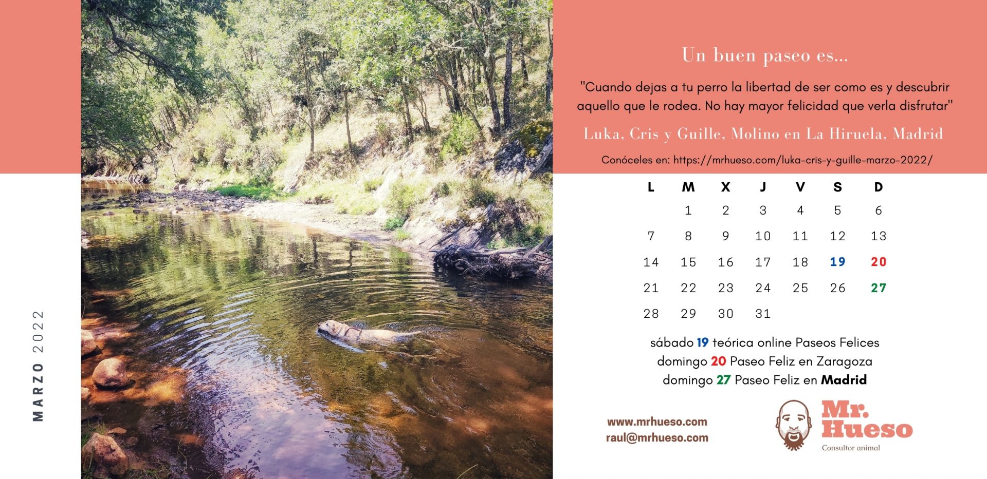 Luka bañándose en un río, junto al calendario de marzo