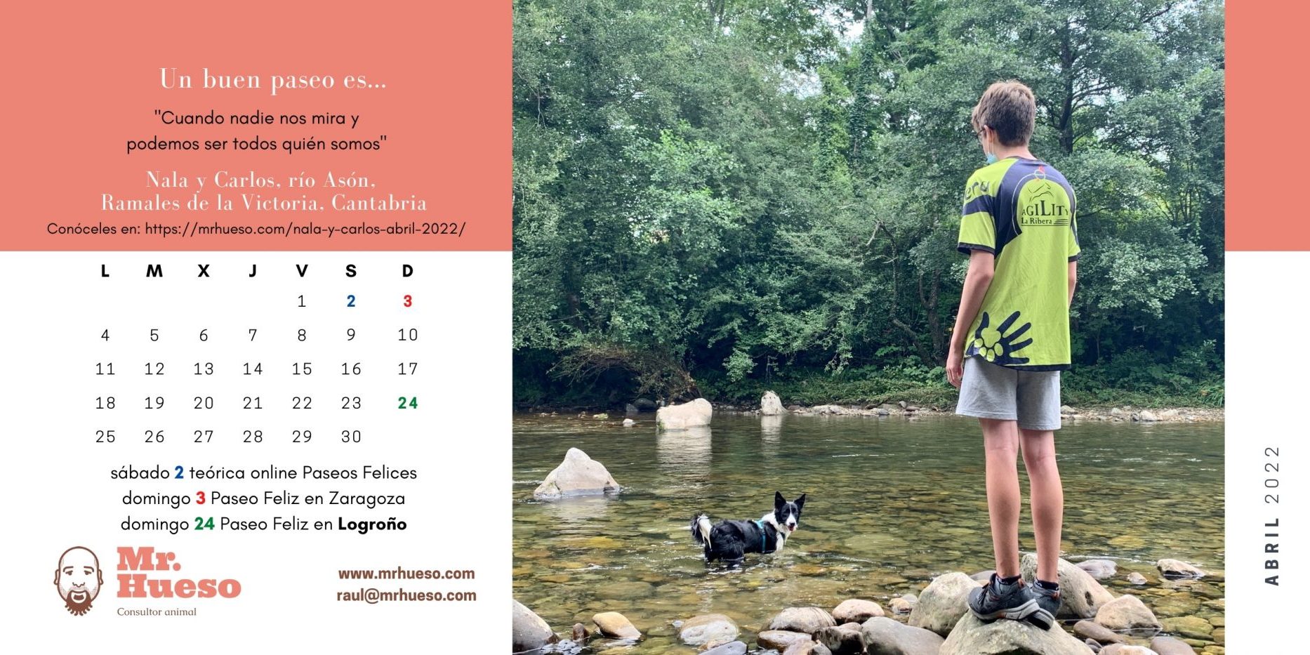 Nala y Carlos, abril Calendario Mr. Hueso 2022 Nala metida en el río y Carlos en la orilla, junto al calendario de abril