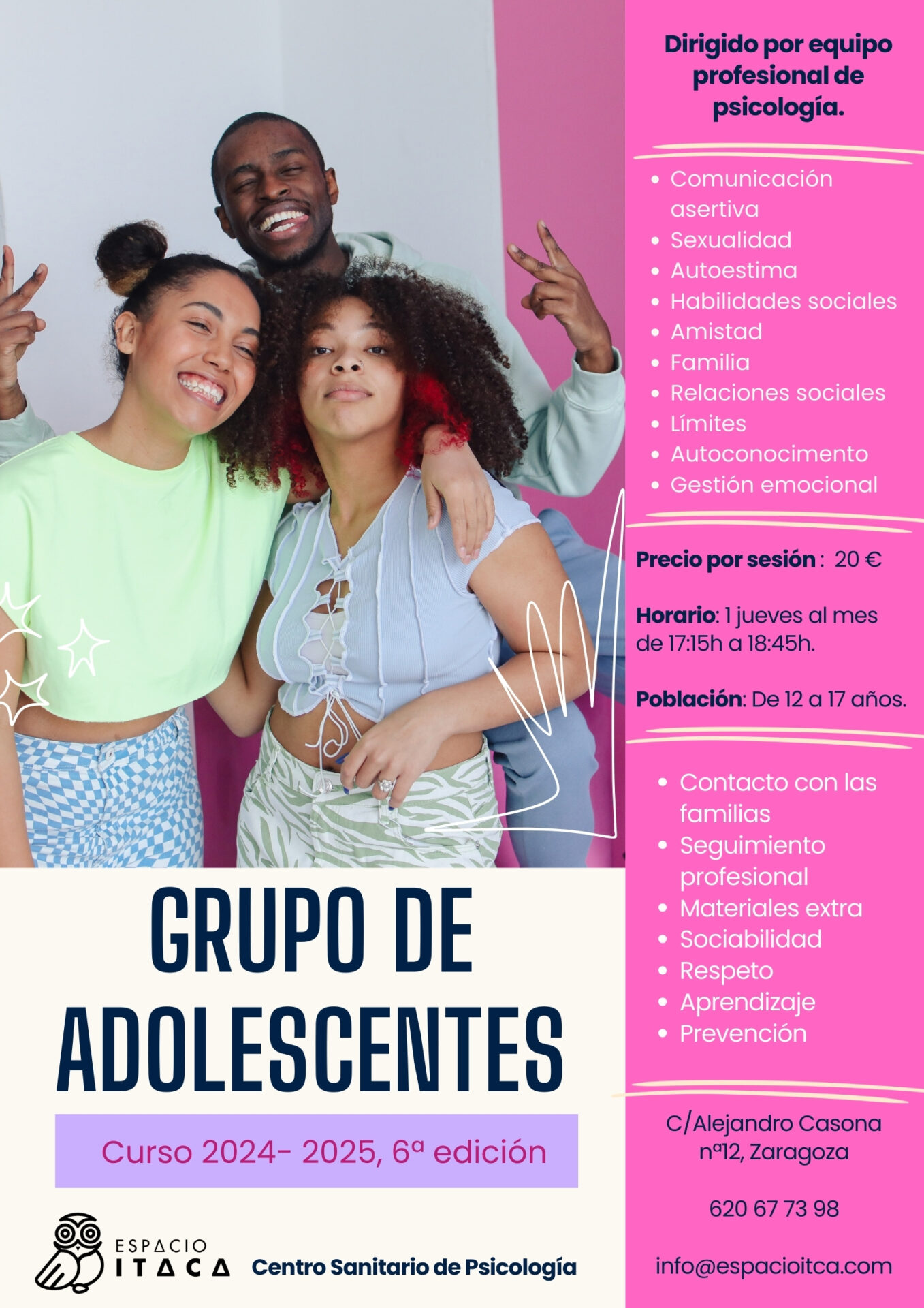 Grupo terapéutico para adolescentes en Espacio Ítaca, 6ª edición curso 2024 / 2025