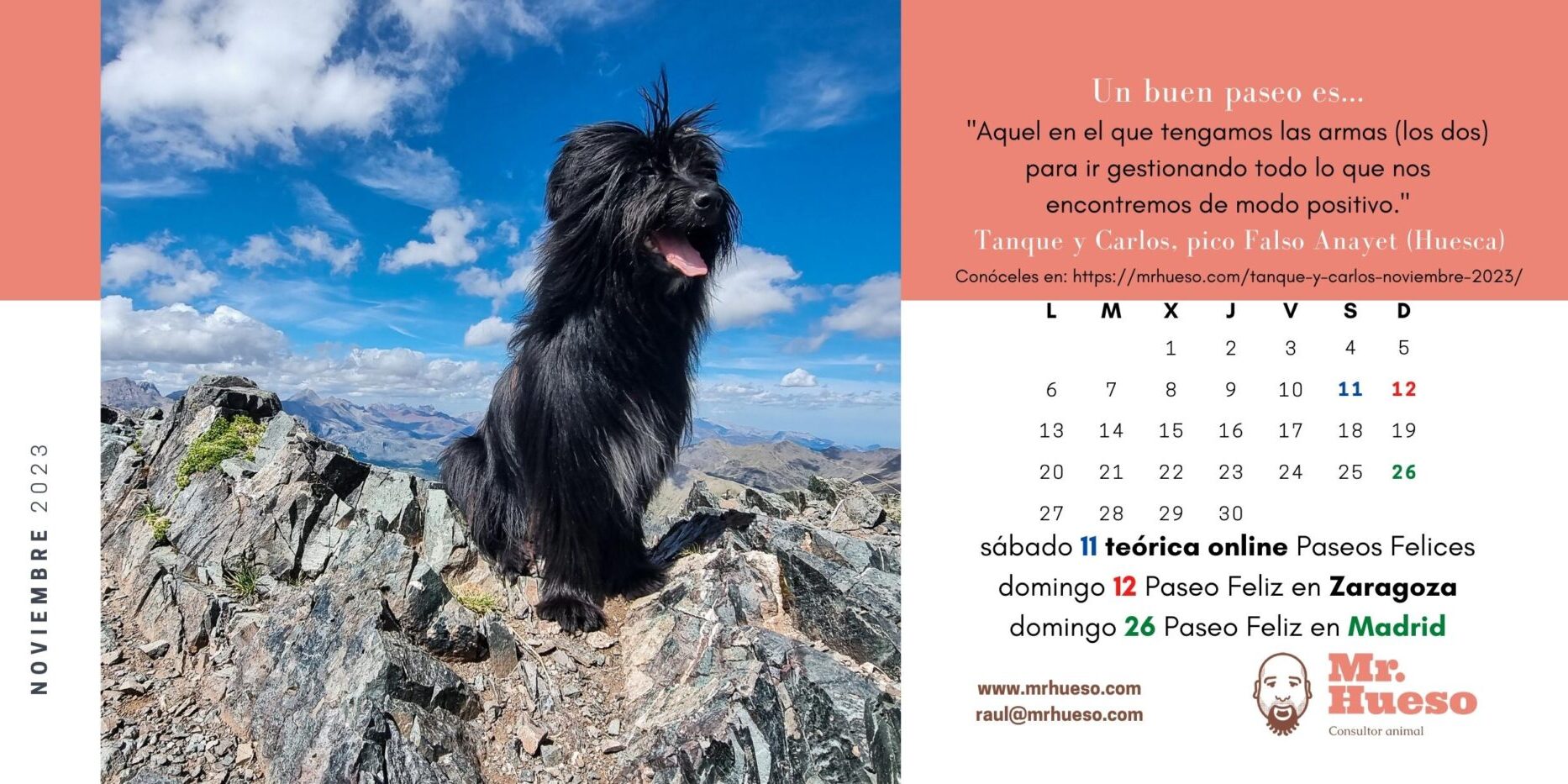 Tanque en la cima del falso Anayet, con un cielo azul precioso. Junto al calendario de noviembre de 2023