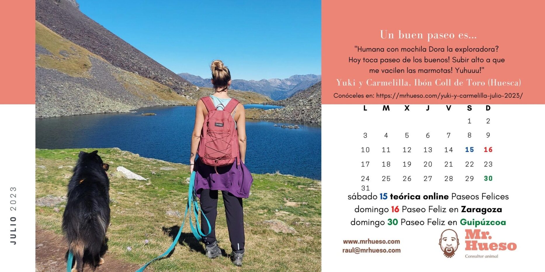 Yuki y Carmelilla en un ibón en Los Pirineos, junto al calendario de julio 2023