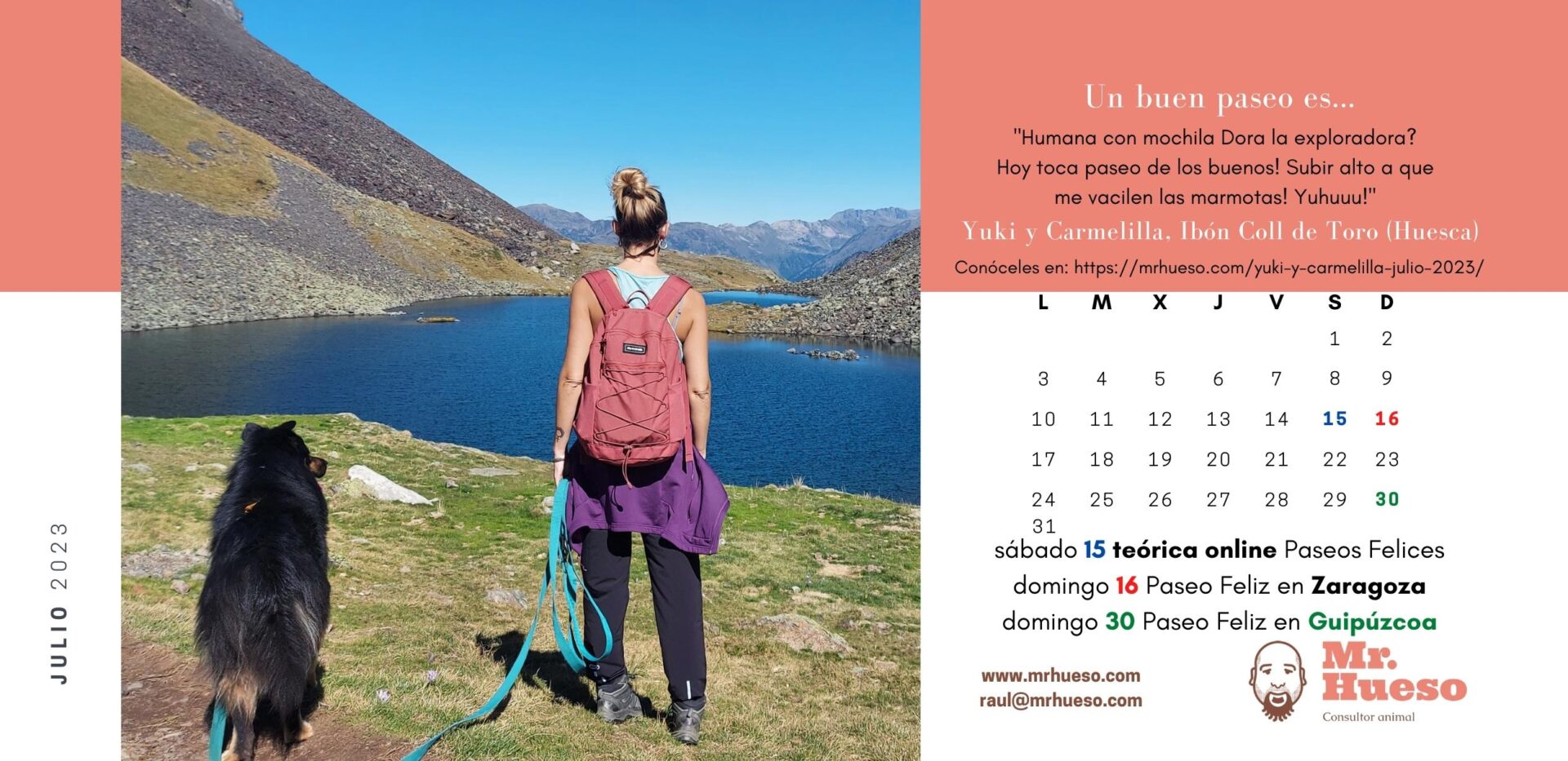Yuki y Carmelilla en un ibón en Los Pirineos, junto al calendario de julio 2023