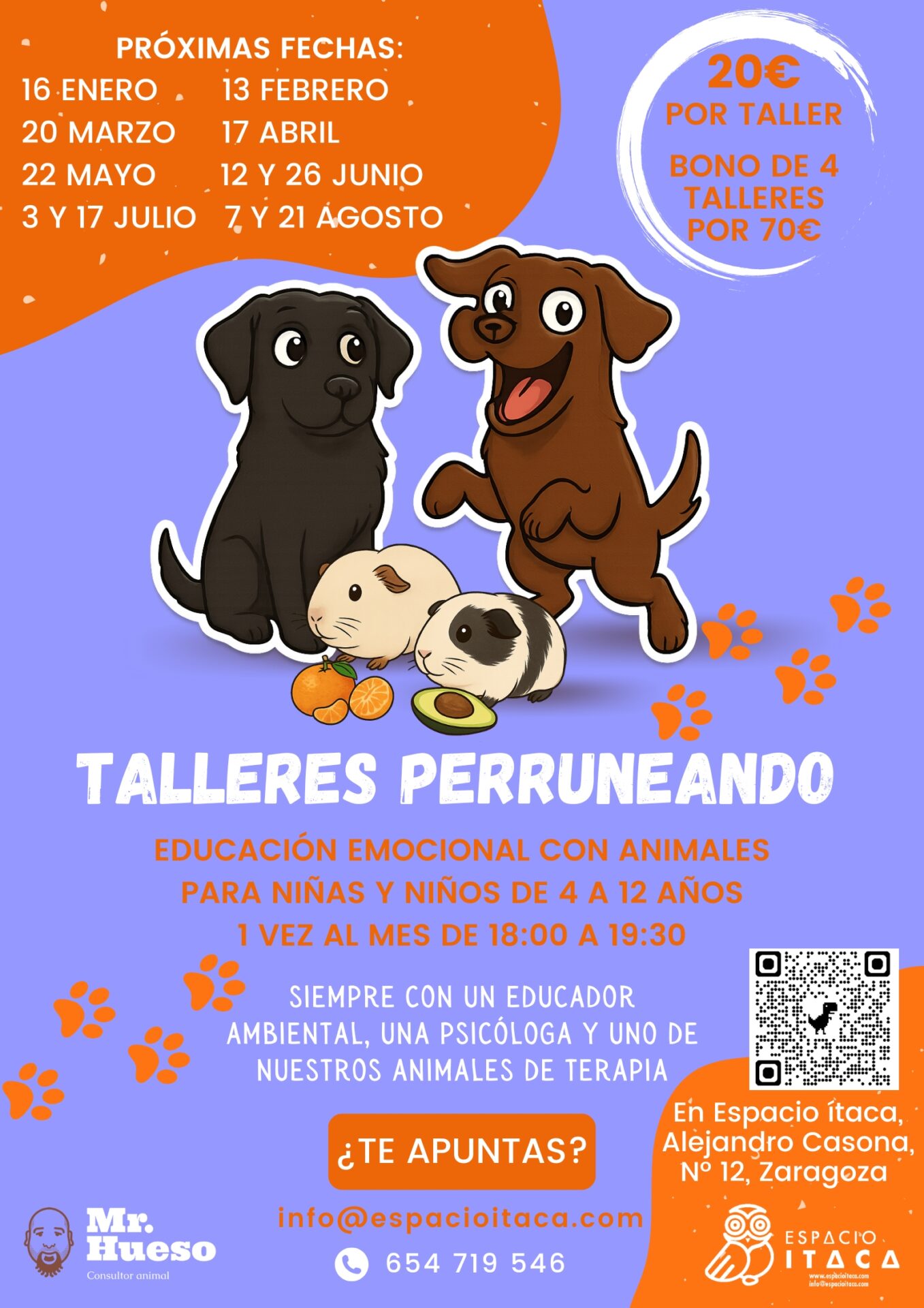 Información Talleres Perruneando de enero a agosto de 2026, con dibujos de nuestros animales